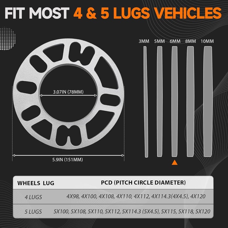 LUJIANI Store 4 Pack Universal Wheel Spacers, 0.24"(6mm) Die Cast Replacement Aluminum Spacer for 4 & 5 Lugs Wheels/Rims, Fits 98 to 120mm Multiple Bolts Pattern, 4x100, 4x108, 4x110, 5x114.3, 5x4.5, 5x120 - Image 2